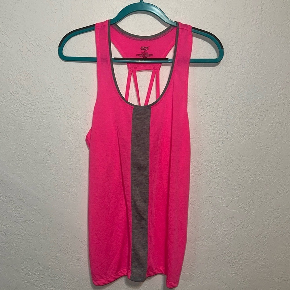 Zone Pro Womens Neon Pink Strappy Racerback Athletic Tank Top Gray Trim Size M